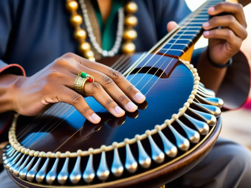 Las hábiles manos de un músico interpretando el Dutar, instrumento tradicional de Asia Central, en medio de un bullicioso mercado