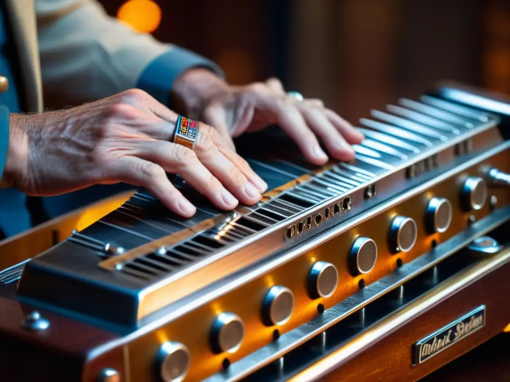 Las hábiles manos de un músico de pedal steel guitar, con un instrumento añejo y una atmósfera nostálgica