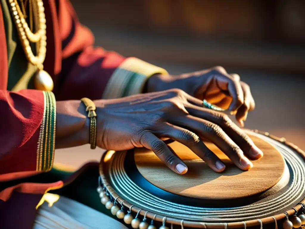 Las hábiles manos de un músico tocan un instrumento ancestral, resaltando la textura y los movimientos, en un ambiente cálido y cultural