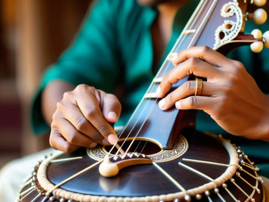 Las hábiles manos de un músico de sitar tocan el instrumento con pasión, mostrando técnicas modernas de sitar en una imagen documental envolvente