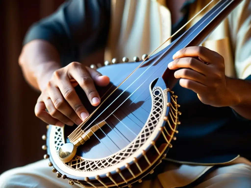 Las hábiles manos del músico tocan el rebab, instrumento tradicional árabe, con precisión y pasión