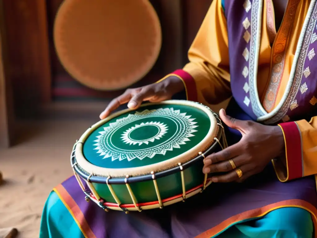 Las hábiles manos de un músico sostienen el kanjira indio, con intrincados grabados y colores vibrantes, creando ritmos en el tambor