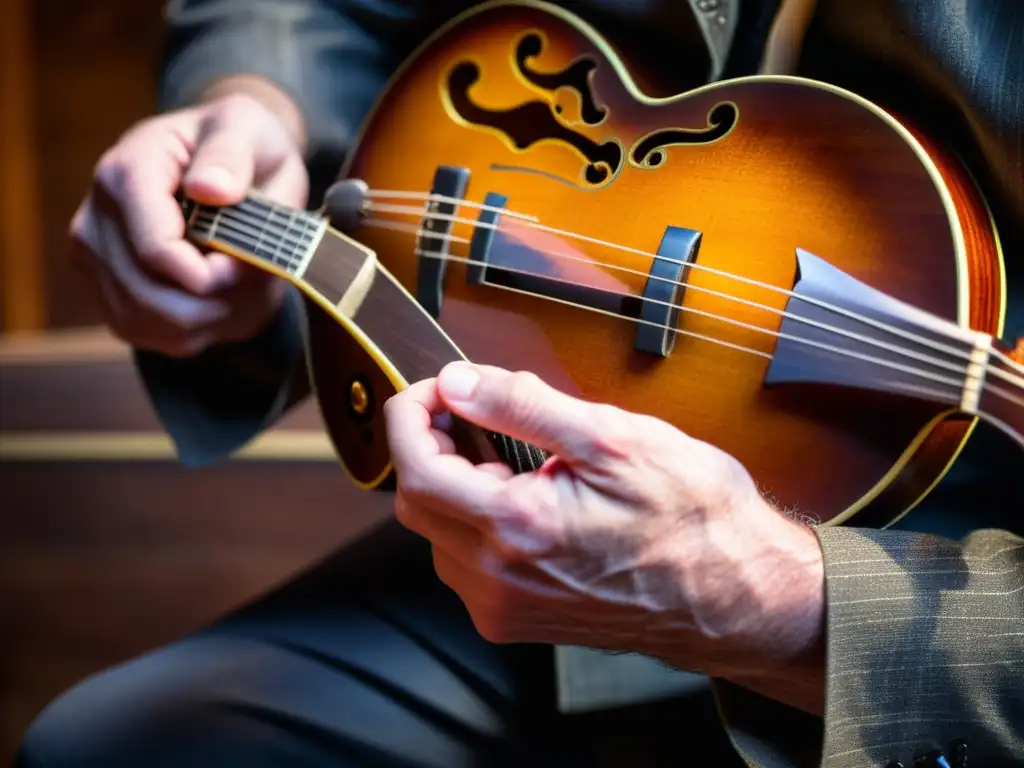 Las hábiles manos de un músico tocan una mandolina vintage en un cálido escenario, transmitiendo la pasión del bluegrass