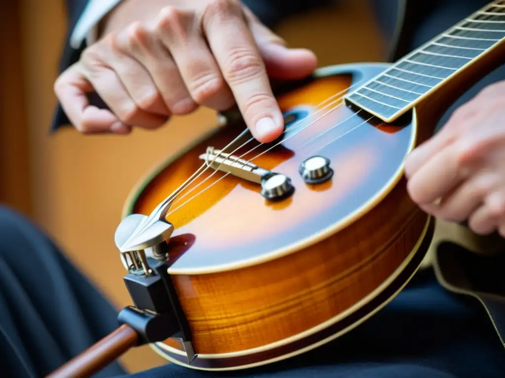 Las hábiles manos de un músico tocando la mandolina vintage con energía en un entorno de bluegrass