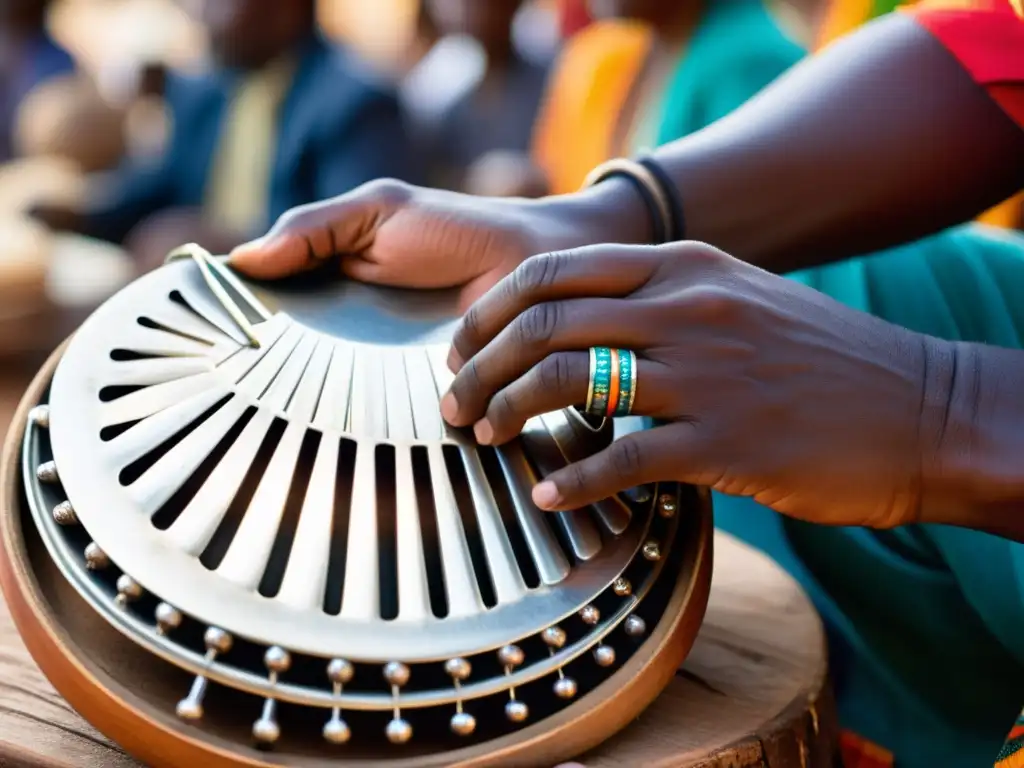 Las hábiles manos de un músico interpretando la mbira, con joyas tradicionales y un mercado bullicioso de fondo