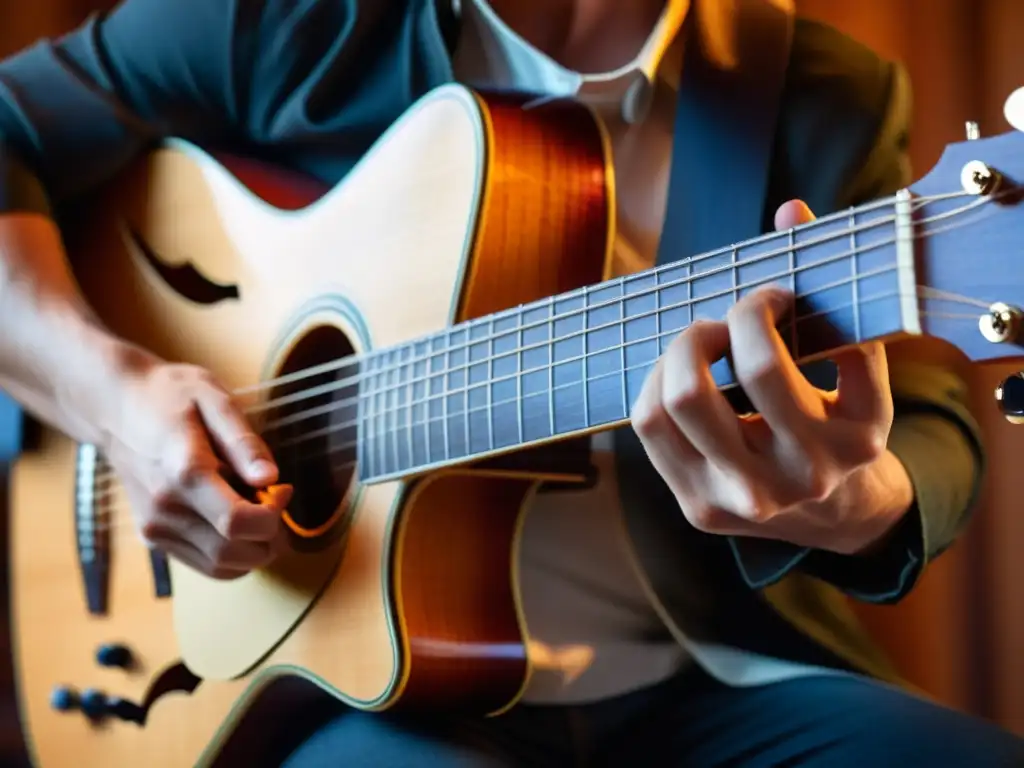 Las hábiles manos de un músico interpretando una melodía con pasión en la guitarra, mostrando técnicas de improvisación en instrumentos