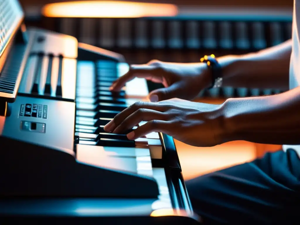 Las hábiles manos de un músico crean melodías en un teclado electrónico, iluminado por una suave luz