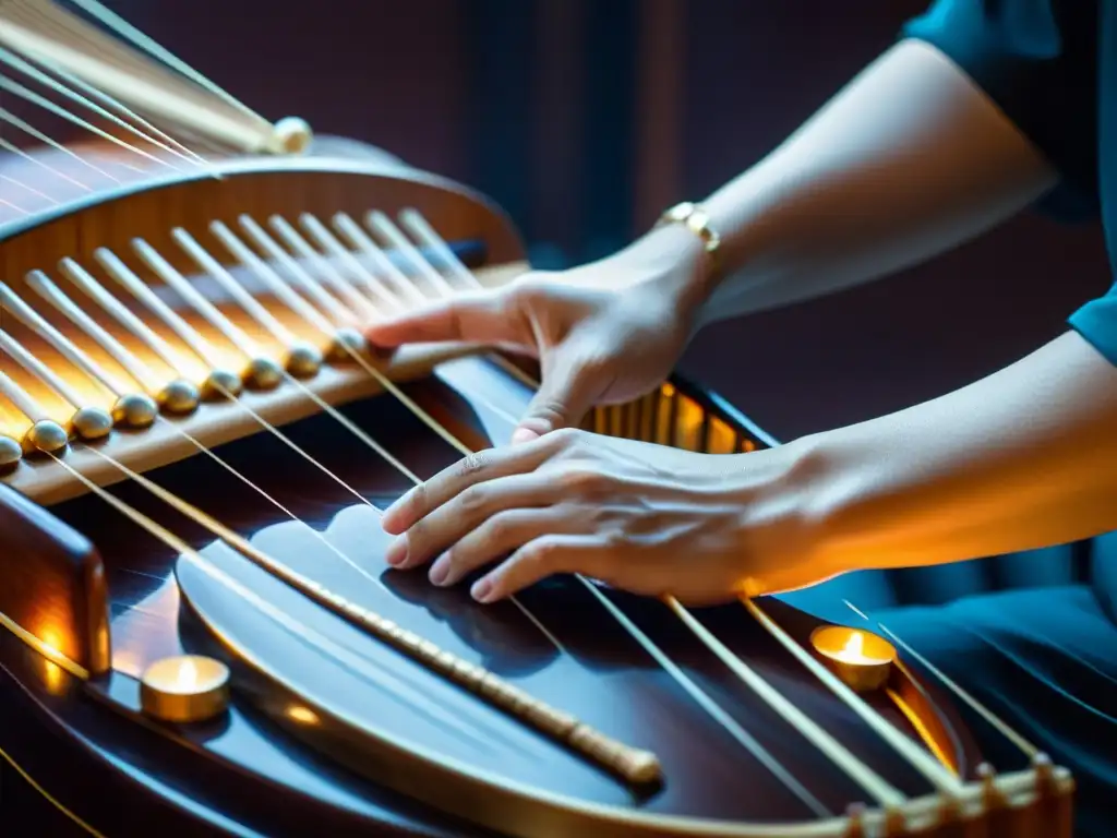 Las hábiles manos de un músico tocan el guzheng chino, fusionando tradición y modernidad en la música