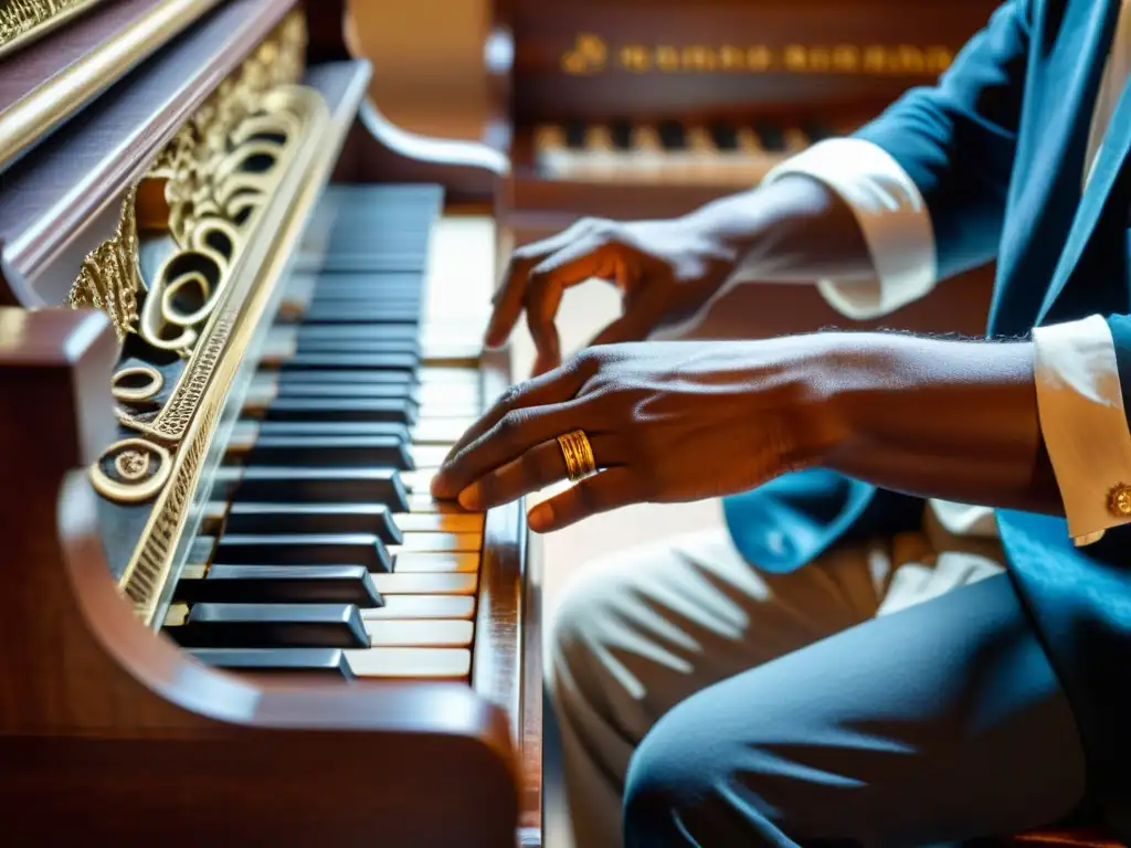 Las hábiles manos de un músico interpretando música folclórica en un piano antiguo, transmitiendo pasión y conexión