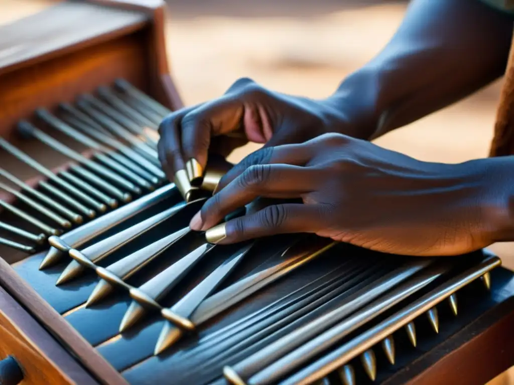 Las hábiles manos de un músico tocan con pasión el Mbira, reflejando la importancia cultural del instrumento en Zimbabue