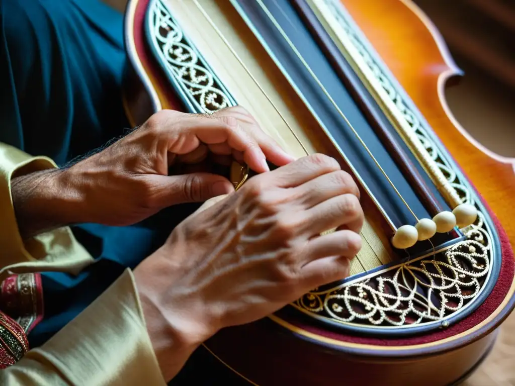 Las hábiles manos de un músico tocan la santur persa, mostrando dominio y conexión cultural