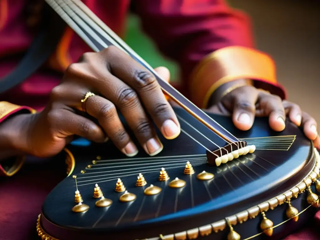 Las hábiles manos de un músico tocando con precisión el vichitra veena, destacando la técnica tradicional