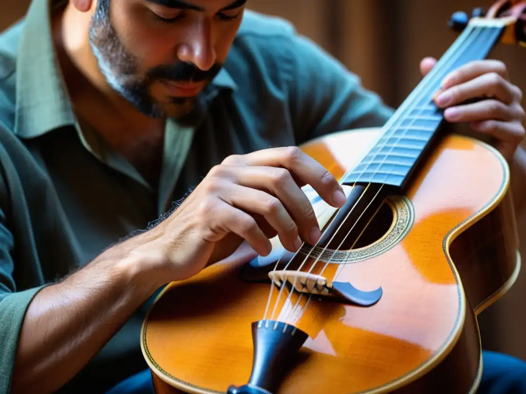Manos expertas tocando la rabel en detalle Las hábiles manos de un músico interpretando el rabel, resaltando la historia y relevancia cultural del instrumento en la música folclórica española