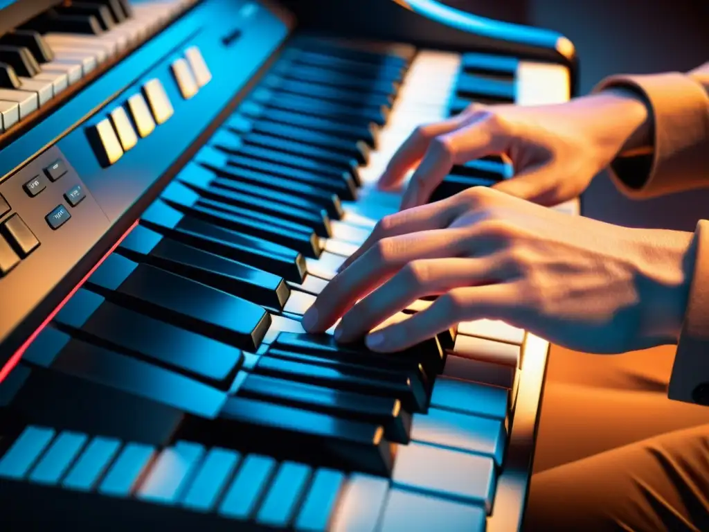 Las hábiles manos de un músico tocando un teclado digital, fusionando la tecnología con la expresión musical