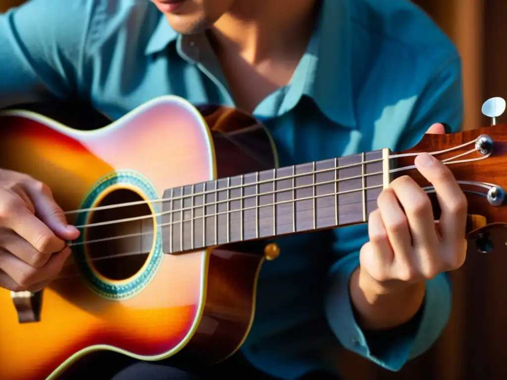 Las hábiles manos de un músico ejecutando la técnica campanella en un ukelele, mostrando pasión y precisión en melodías encantadoras