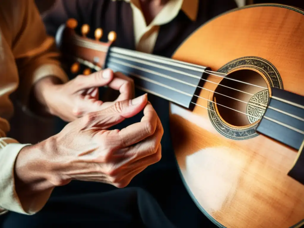 Las hábiles manos de un músico ejecutando la técnica de strumming en un antiguo laúd, evocando tradición y destreza musical