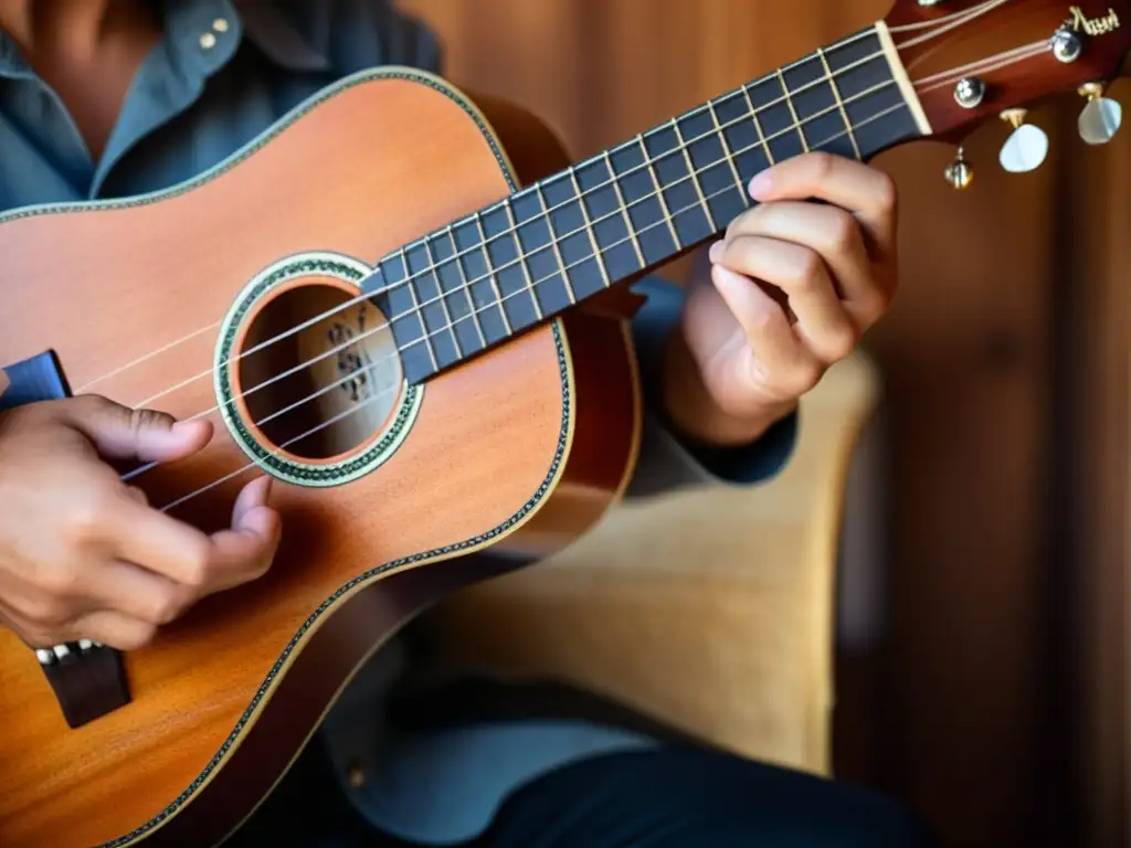 Las hábiles manos de un músico tocando el ukelele con técnica campanella, evocando melodías encantadoras