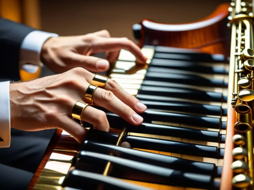 Las hábiles manos de un músico dominan las técnicas específicas del clarinete bajo, mostrando destreza y concentración