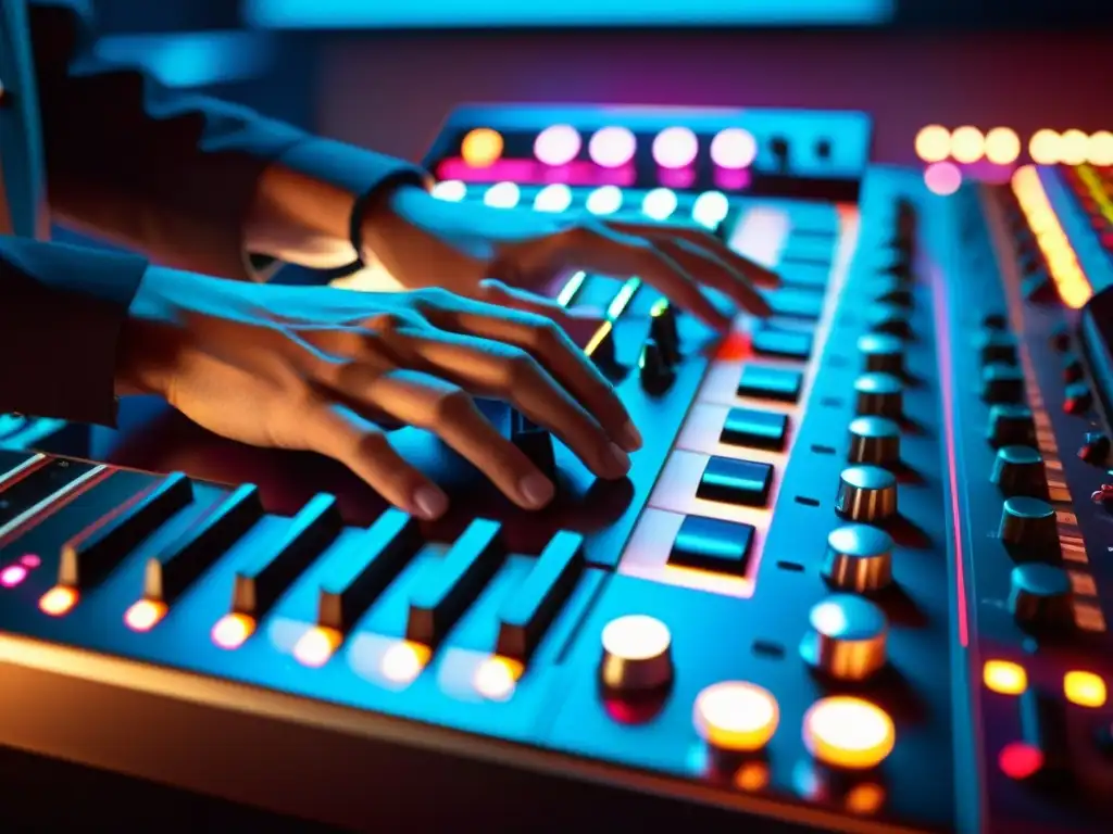 Las hábiles manos del músico crean texturas innovadoras en el teclado de música electrónica