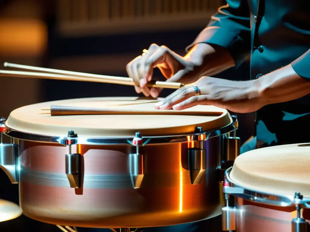 Las hábiles manos de un músico tocando los timbales, resaltando la importancia del timbal en música latina