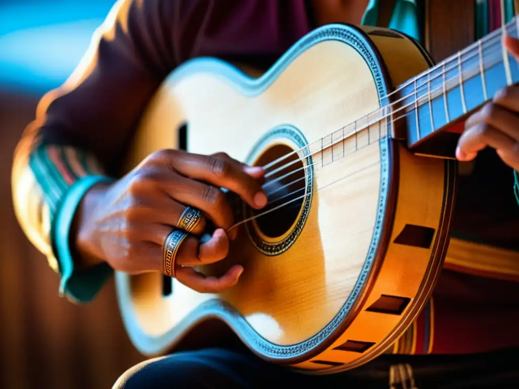 Las hábiles manos de un músico interpretando el tradicional charango, mostrando la pasión y destreza en la sonoridad del charango en música andina