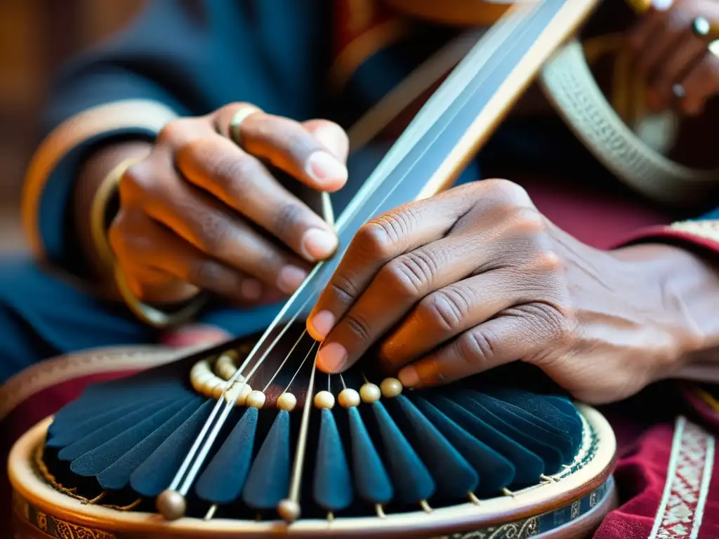 Las hábiles manos de un músico tradicional de Asia Central tocando con emoción un Dutar, revelando la rica herencia cultural del instrumento