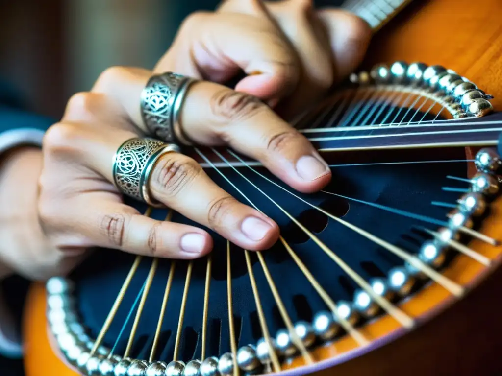 Las hábiles manos de un músico turcomano tocan el dutar con destreza, resaltando la riqueza cultural e historia del dutar turcomano