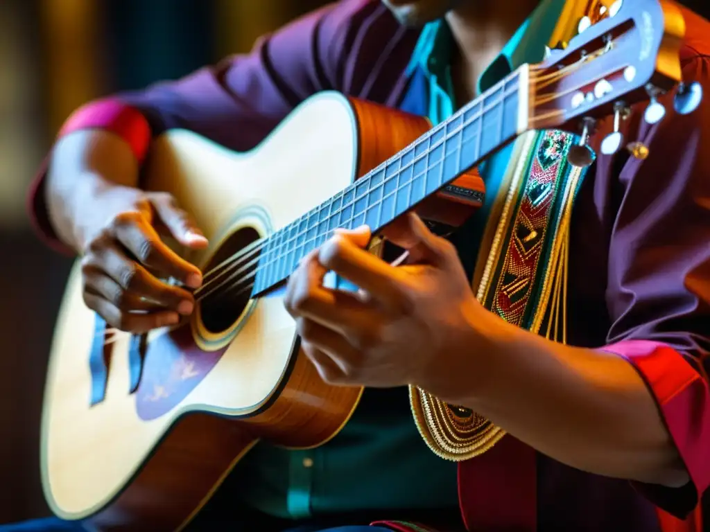 Las hábiles manos de un músico tocan el cuatro venezolano con pasión, resaltando la importancia del instrumento en la música