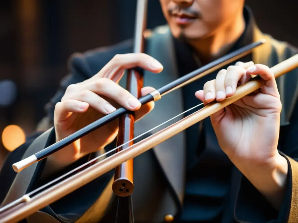 Las hábiles manos del músico dan vida al erhu, creando la historia y sonido del erhu con gracia y destreza