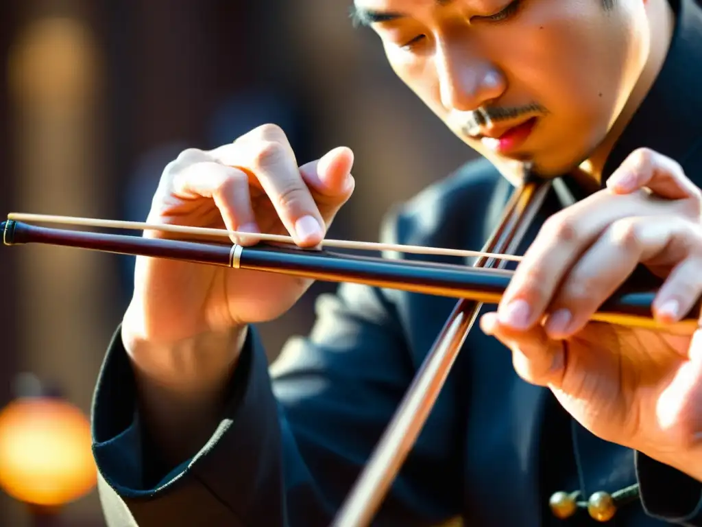 Las hábiles manos del músico dan vida al sonido y la historia del erhu, en un entorno cultural chino