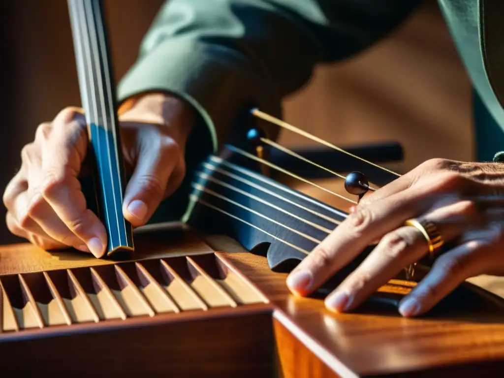 Las hábiles manos de un músico tocan la zanfona, instrumento medieval contemporáneo, transmitiendo una profunda conexión con su rica herencia