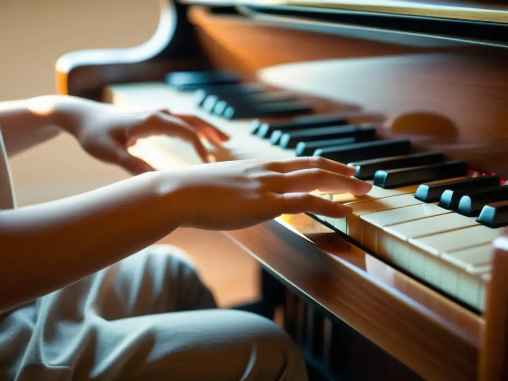 Las hábiles manos de un niño exploran un piano de cola para niños, concentración y misterio en el aire