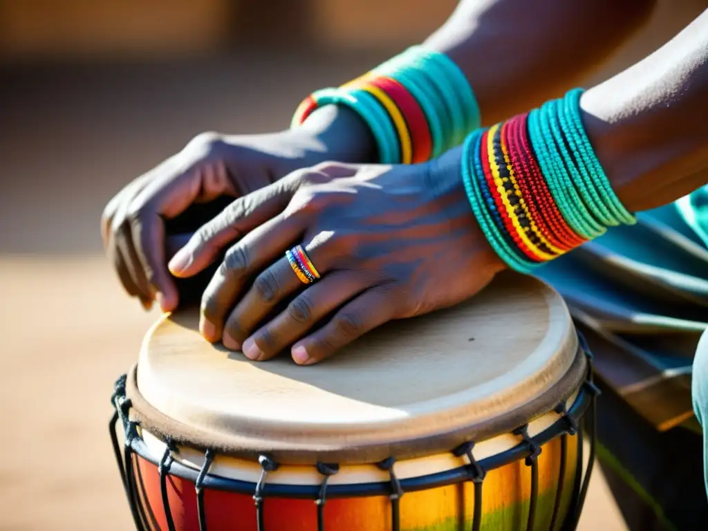 Las hábiles manos de un percusionista tocan un Djembe mientras resaltan las técnicas modernas de percusión africana