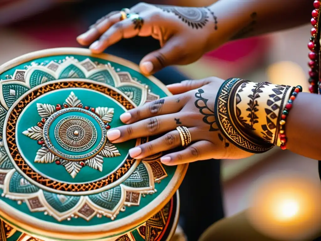 Las hábiles manos de un percusionista tocan un doumbek cerámico decorado con motivos orientales, resaltando su belleza artística y cultural