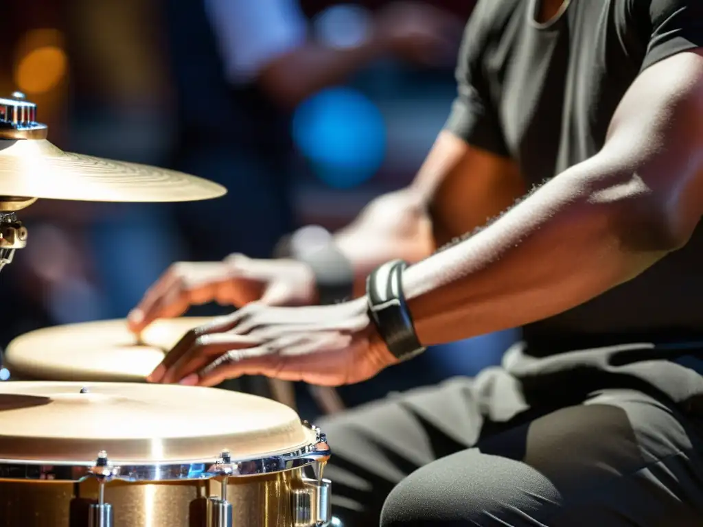 Las hábiles manos del percusionista en plena acción, capturando la energía y ritmo de la música en un musical de Broadway