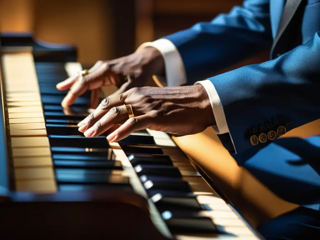 Las hábiles manos de un pianista de blues dan vida al teclado con fraseo y expresión, envueltas en una atmósfera de nostalgia y emoción