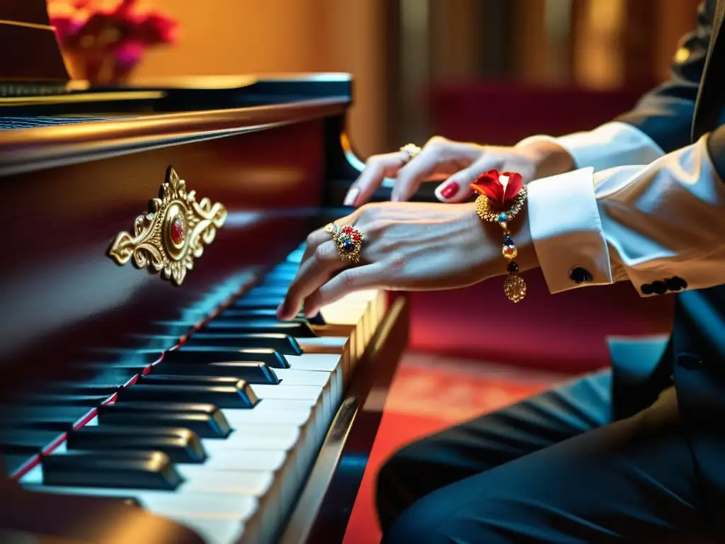 Las hábiles manos de un pianista flamenco en pleno movimiento sobre el teclado, fusionando cultura y pasión en una actuación llena de expresividad