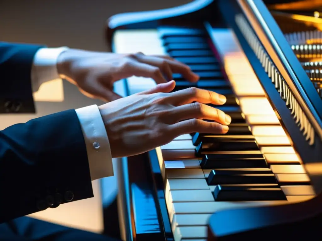 Las hábiles manos de un pianista ejecutando con gracia un complejo acompañamiento en teclado, capturando la precisión y la atmósfera profesional