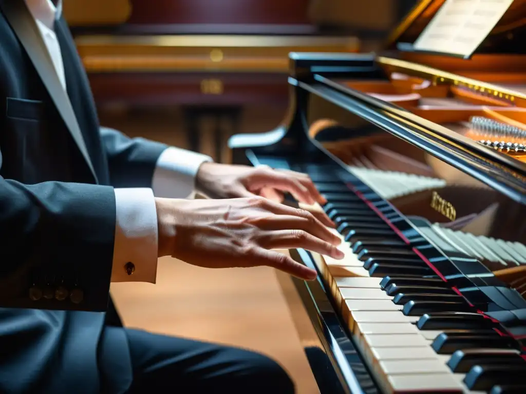 Las hábiles manos del pianista recorren con gracia las teclas del piano de cola, iluminadas por cálida luz de escenario