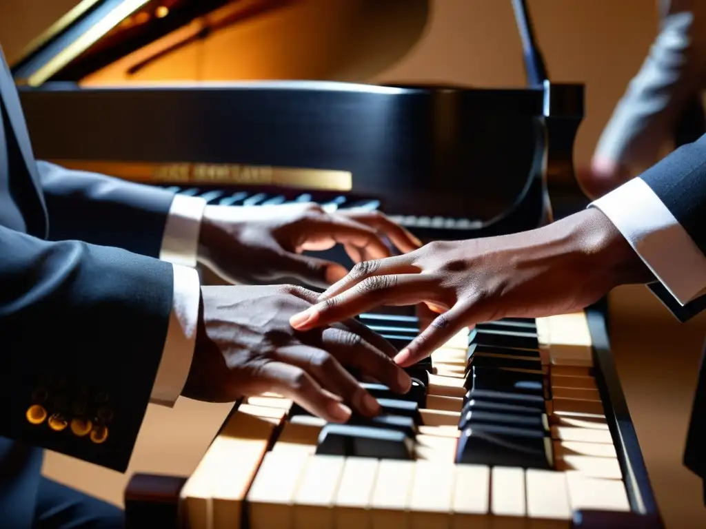 Las hábiles manos de un pianista de jazz, danzando sobre el teclado mientras la luz cálida ilumina la escena