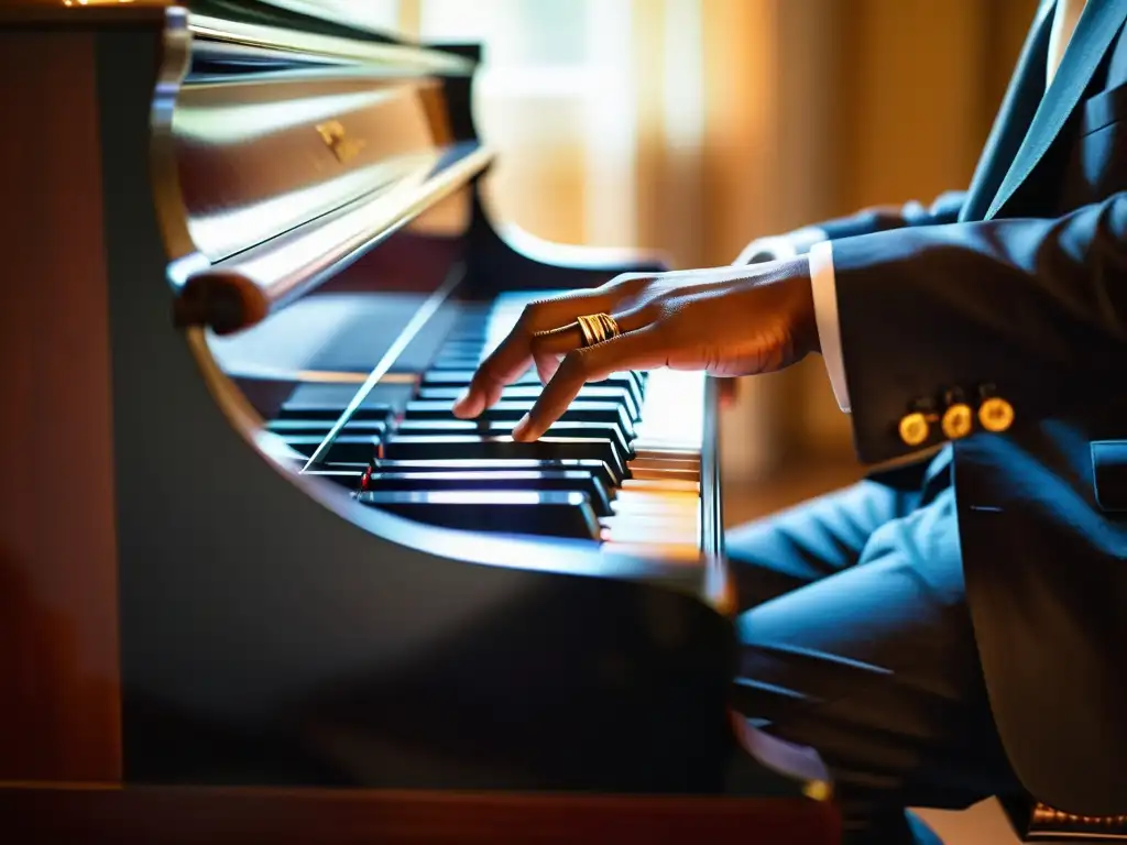 Las hábiles manos de un pianista de jazz ejecutan una armonía fluida en un piano de cola vintage, iluminadas por cálidas luces de escenario