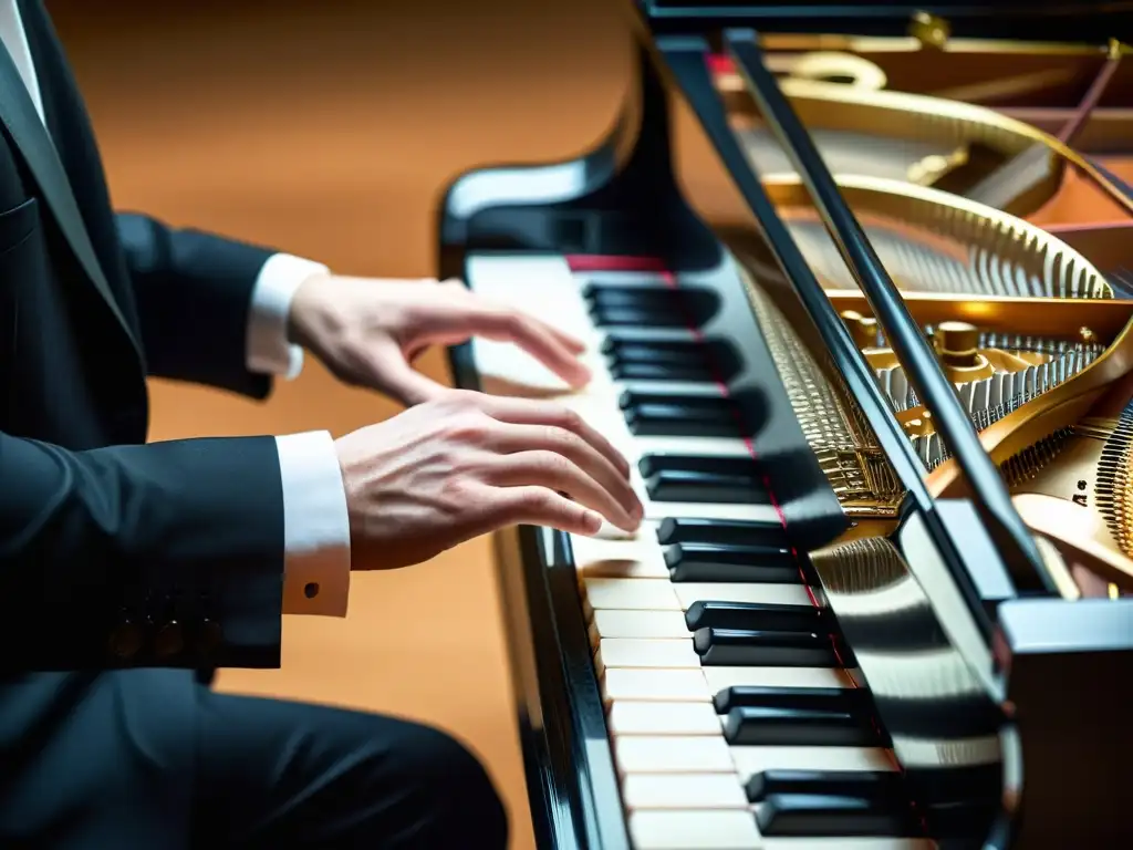 Las hábiles manos de un pianista interpretando el teclado de un gran piano, mostrando destreza y pasión por la música