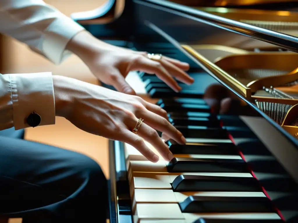 Las hábiles manos del pianista dominan el teclado, exudando elegancia y maestría en el uso y función de los modos en el teclado