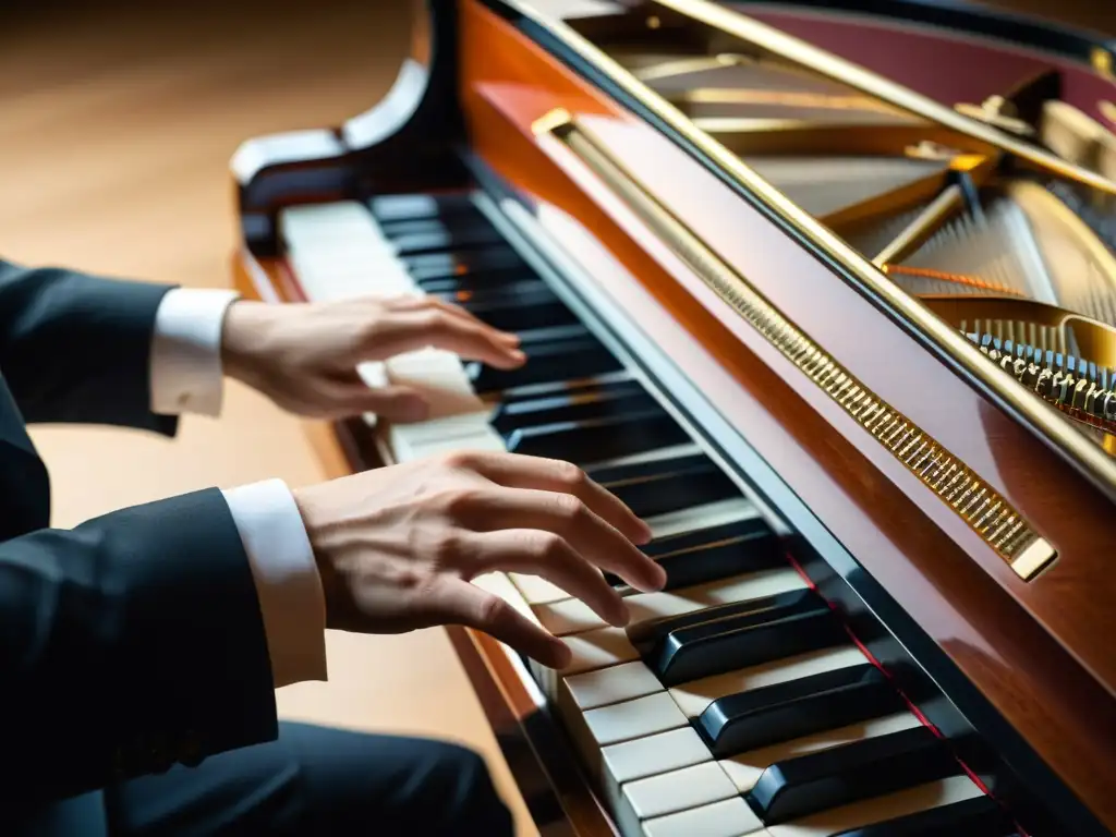 Las hábiles manos del pianista ejecutan la Técnica del Glissando en Teclado con precisión y fluidez, capturando su maestría artística