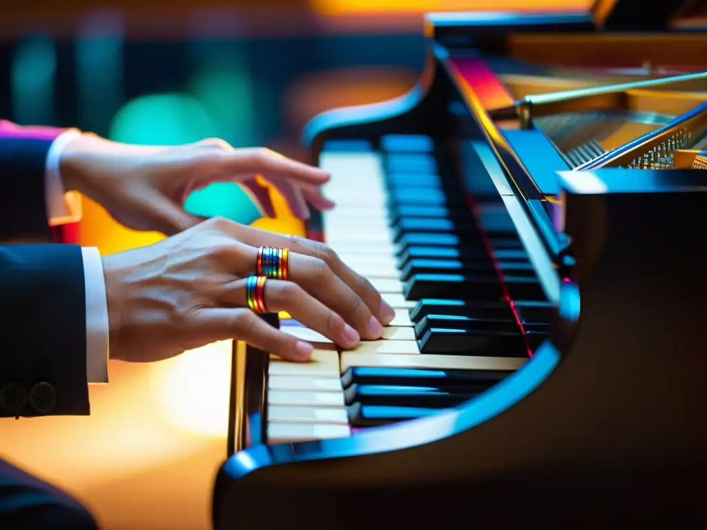 Las hábiles manos de un pianista interpretando una vibrante melodía latina en un piano de cola, iluminadas por cálida luz de escenario, reflejando la influencia del piano en música latina