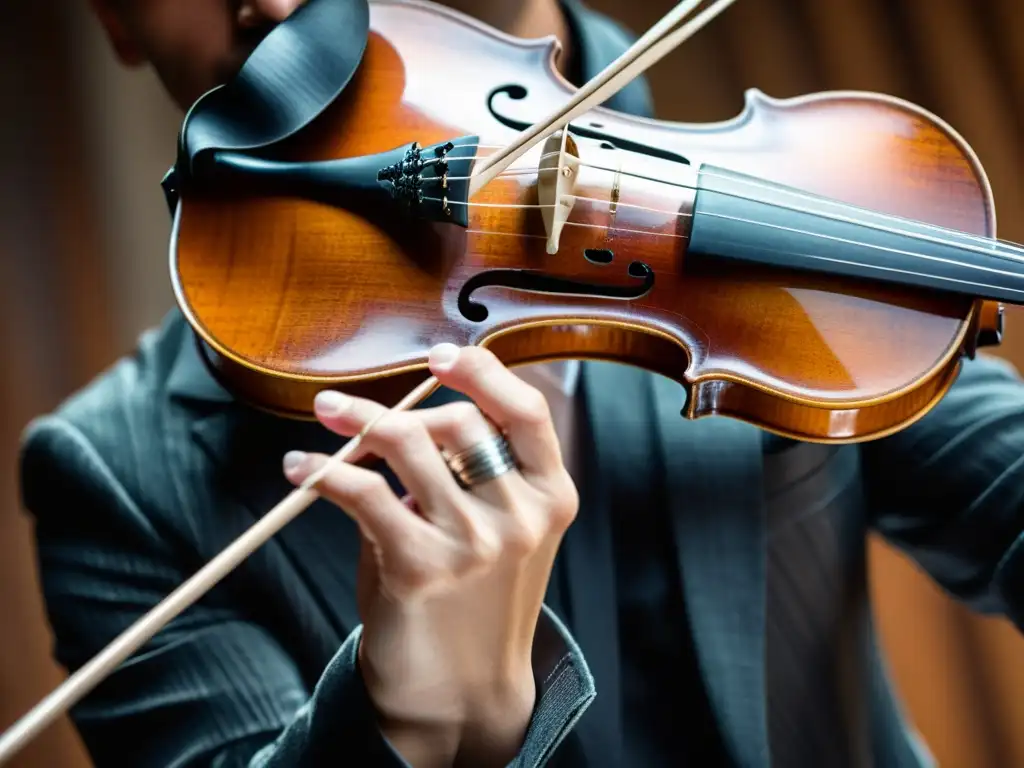 Las hábiles manos de un violinista en una improvisación de música gitana, con un violín tallado y desgastado