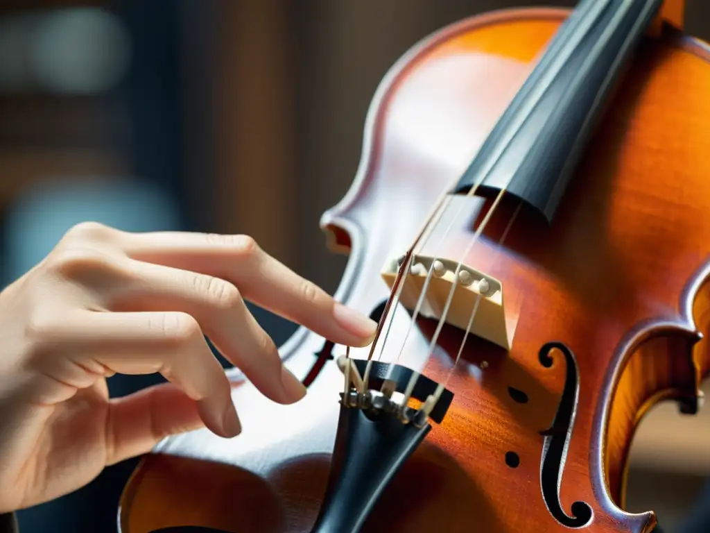 Las hábiles manos de un violinista colocan una sordina en el puente de su violín, mostrando técnica y pasión