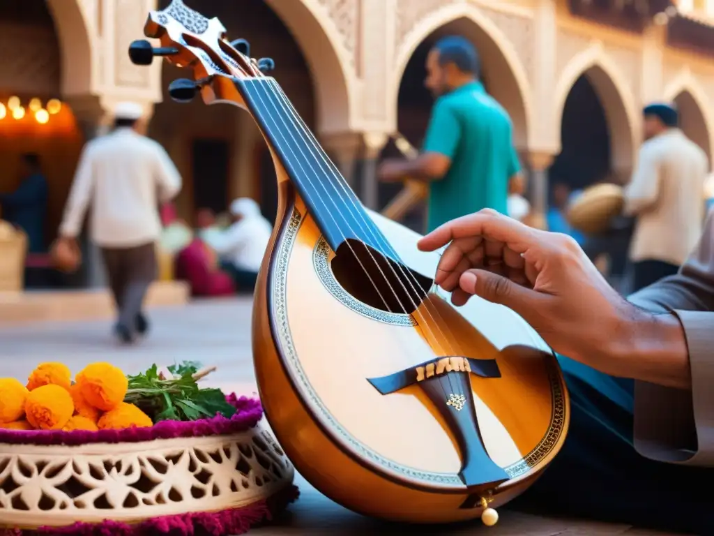 Las habilidosas manos de un músico tocan el oud árabe en un bullicioso mercado, evocando las raíces culturales del instrumento