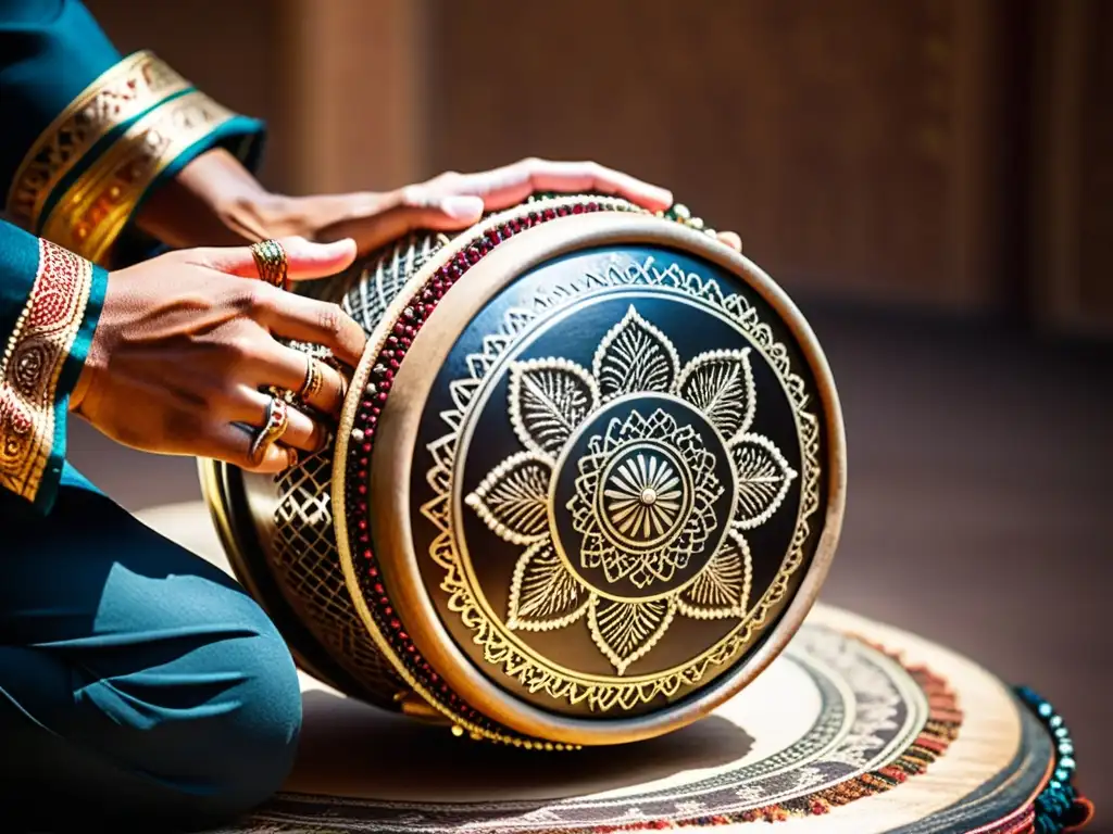 Las habilidosas manos de un músico tocan una darbuka decorada con motivos del Medio Oriente