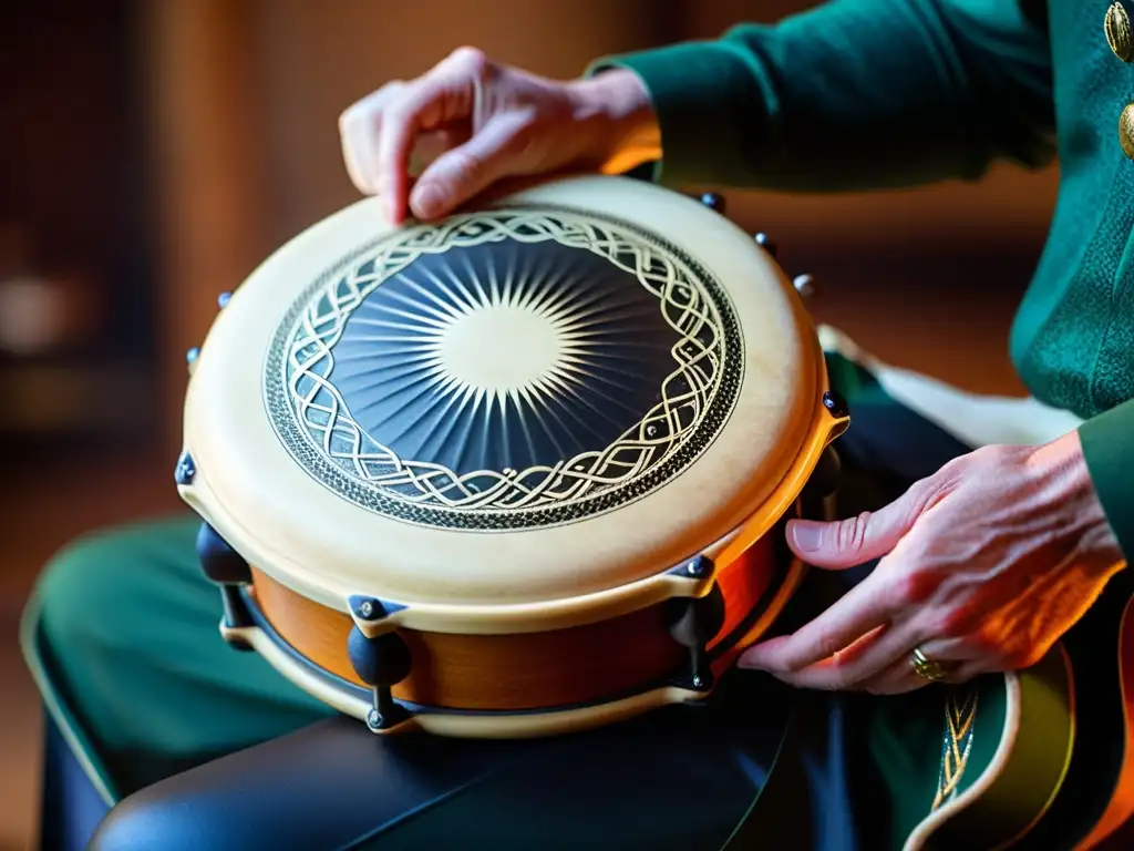 Las habilidosas manos de un percusionista sostienen un Bodhrán irlandés con intrincados diseños